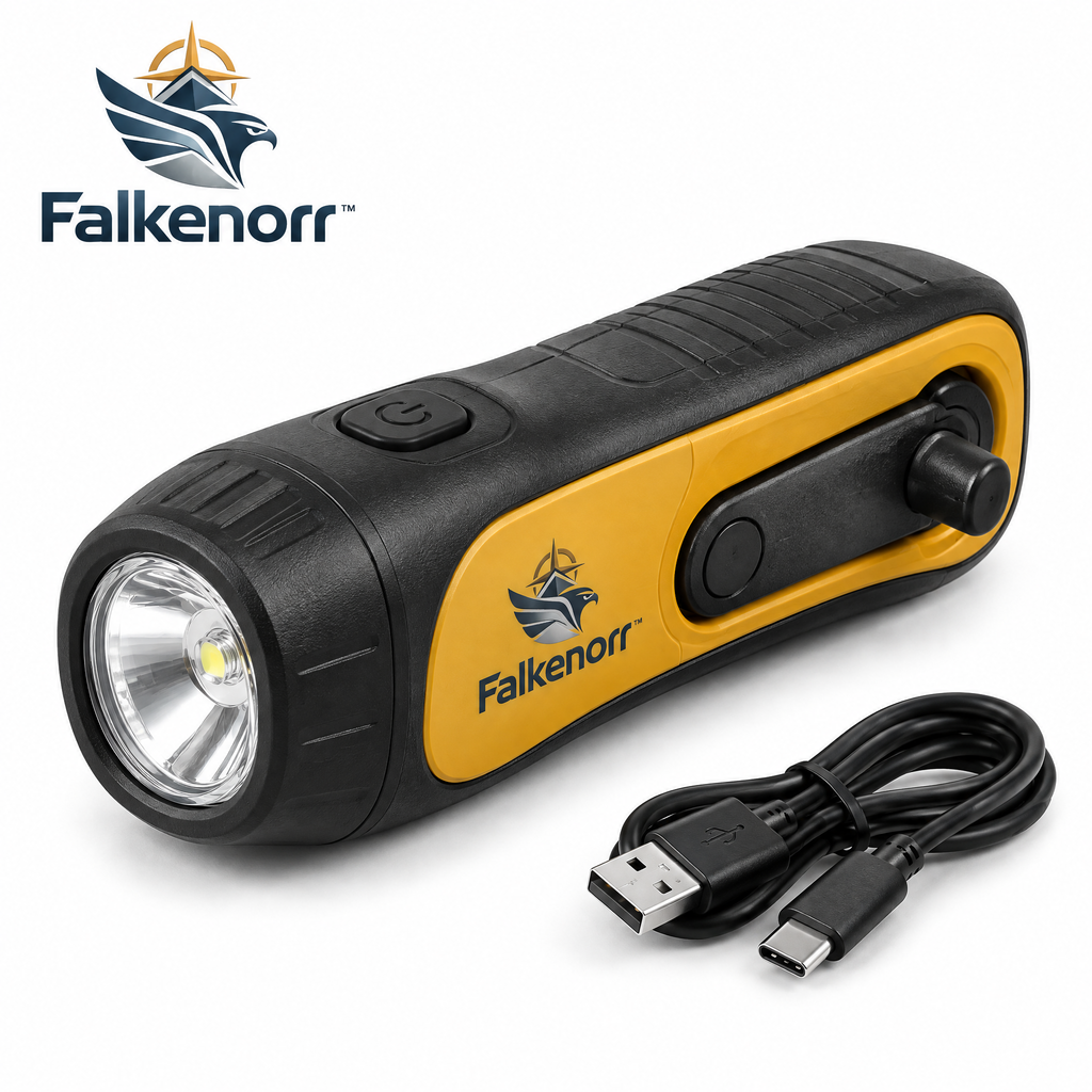 Falkenorr™ CrankBeam Emergency Flashlight – Hand-Powered LED Light for Power Outages, Camping, Car Kits & Emergency Preparedness