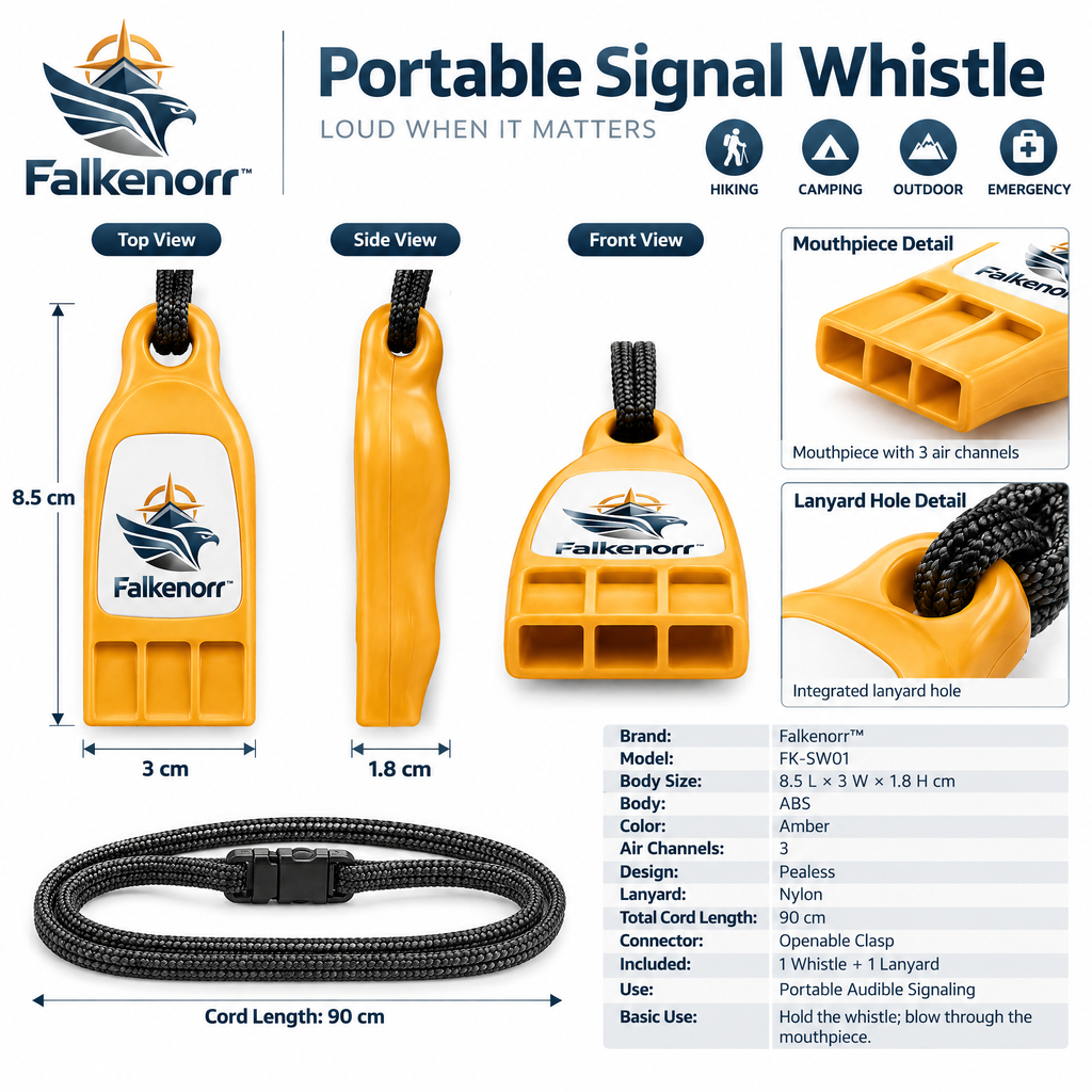Falkenorr™ SignalReach Portable Emergency Whistle – Compact High-Visibility Safety Whistle for Hiking, Camping, Travel & Emergency Kits