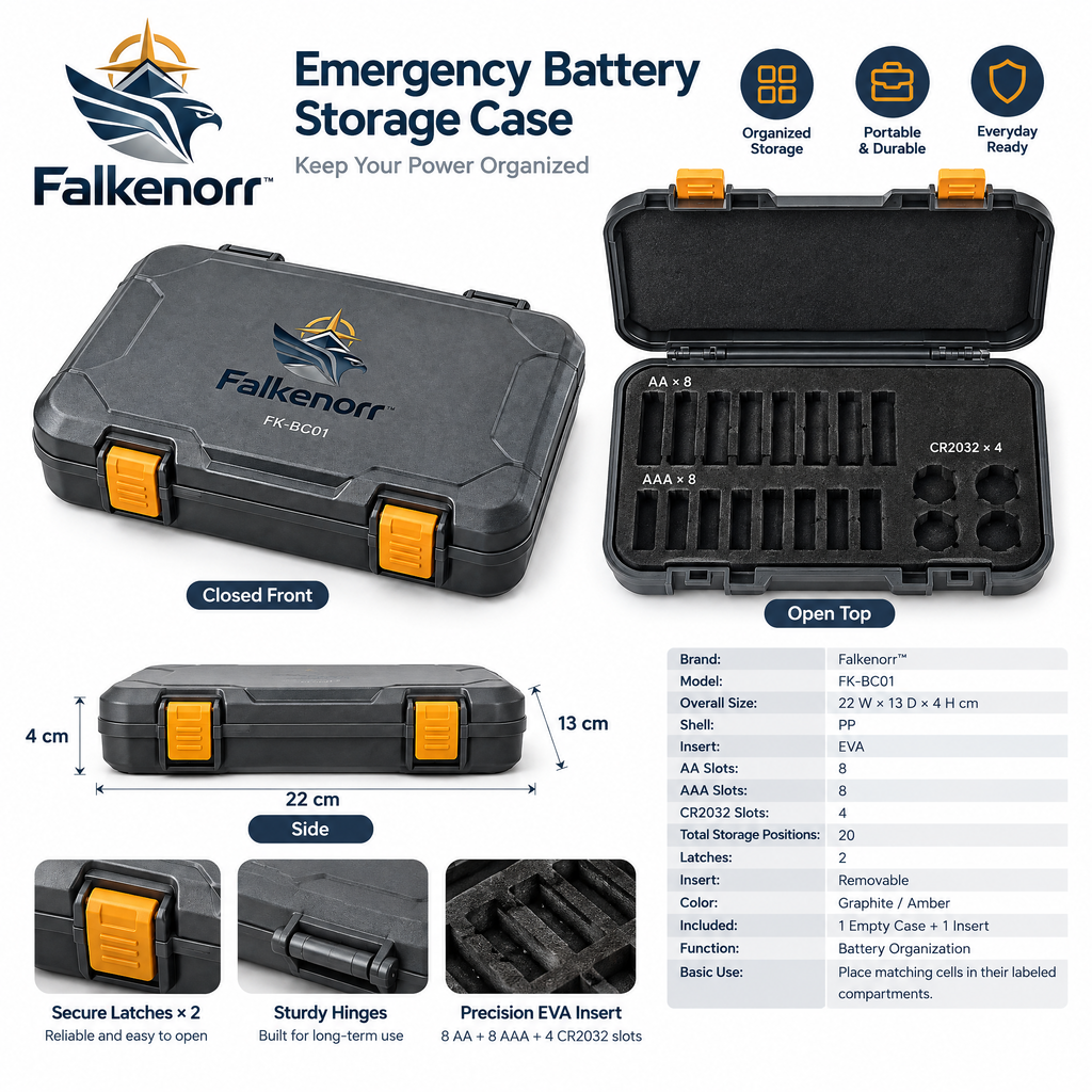 Falkenorr™ PowerReserve Emergency Battery Storage Box – Portable Battery Organizer Case for Home Backup, Travel & Emergency Kits