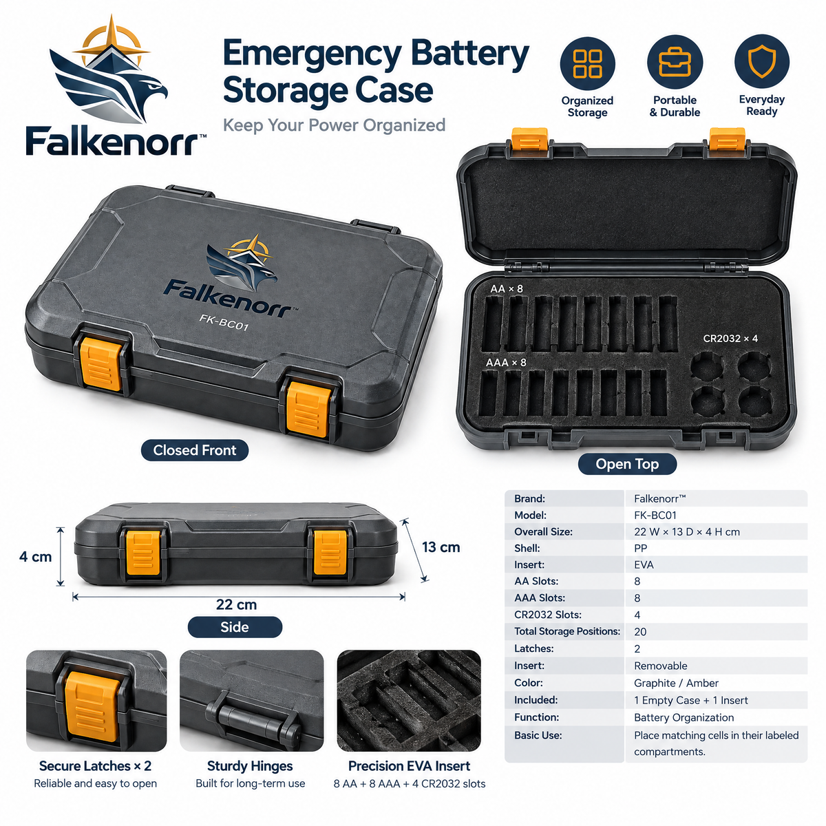 Falkenorr™ PowerReserve Emergency Battery Storage Box – Portable Battery Organizer Case for Home Backup, Travel & Emergency Kits