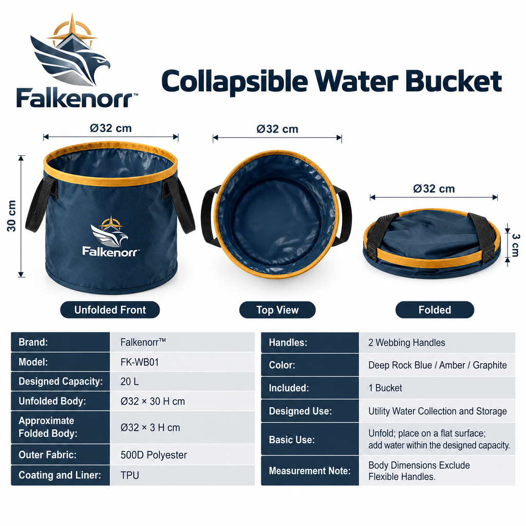 Falkenorr™ FoldFlow Collapsible Water Bucket – Portable Folding Water Container for Emergency Storage, Camping, Travel & Outdoor Use