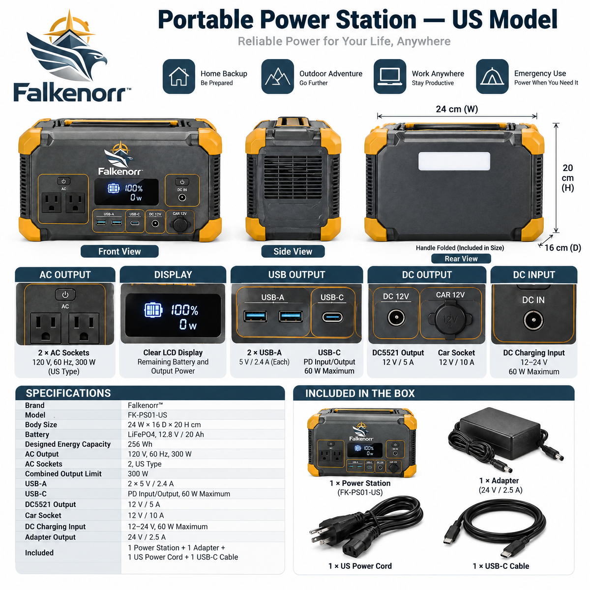 Falkenorr™ PowerHarbor Portable Power Station – Rechargeable Backup Battery for Camping, Home Outages, Travel & Emergency Use