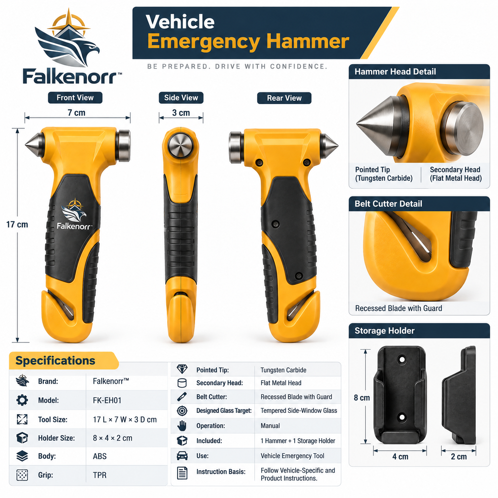Falkenorr™ EscapeStrike Emergency Car Hammer – Compact Window Breaker & Seat Belt Cutter for Vehicle Emergency Preparedness