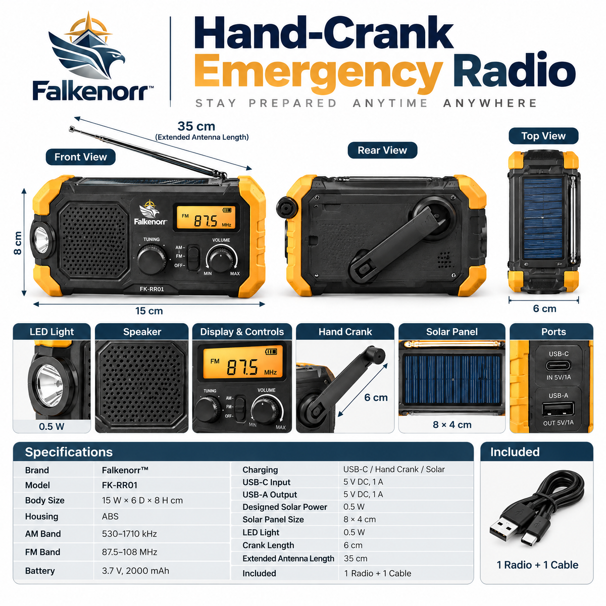 Falkenorr™ SignalCrank Emergency Radio – Hand-Crank Portable Radio with Flashlight, Backup Power & Weather Reception