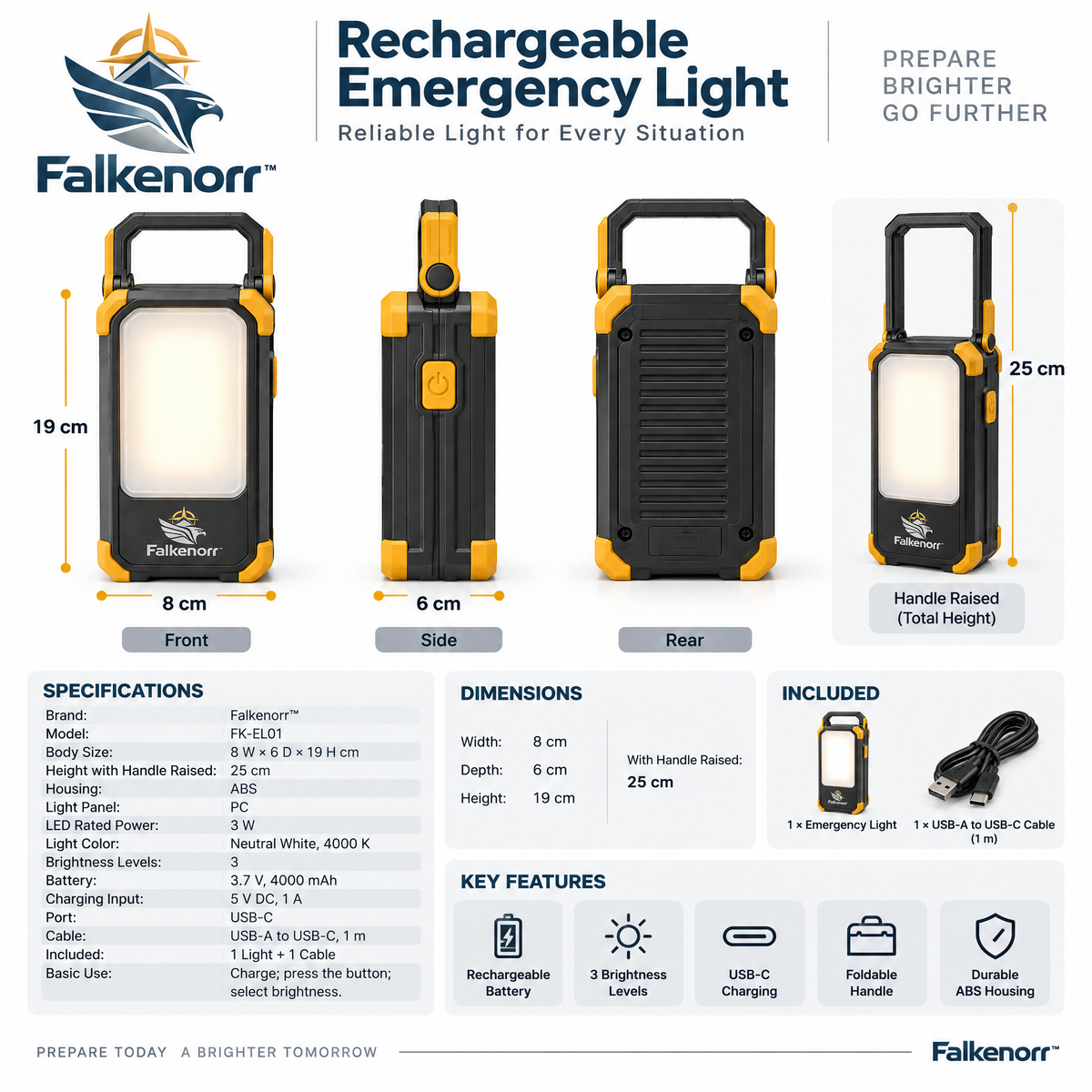 Falkenorr™ PowerBeacon Rechargeable Emergency Light – Portable LED Backup Lamp for Power Outages, Home, Garage & Travel