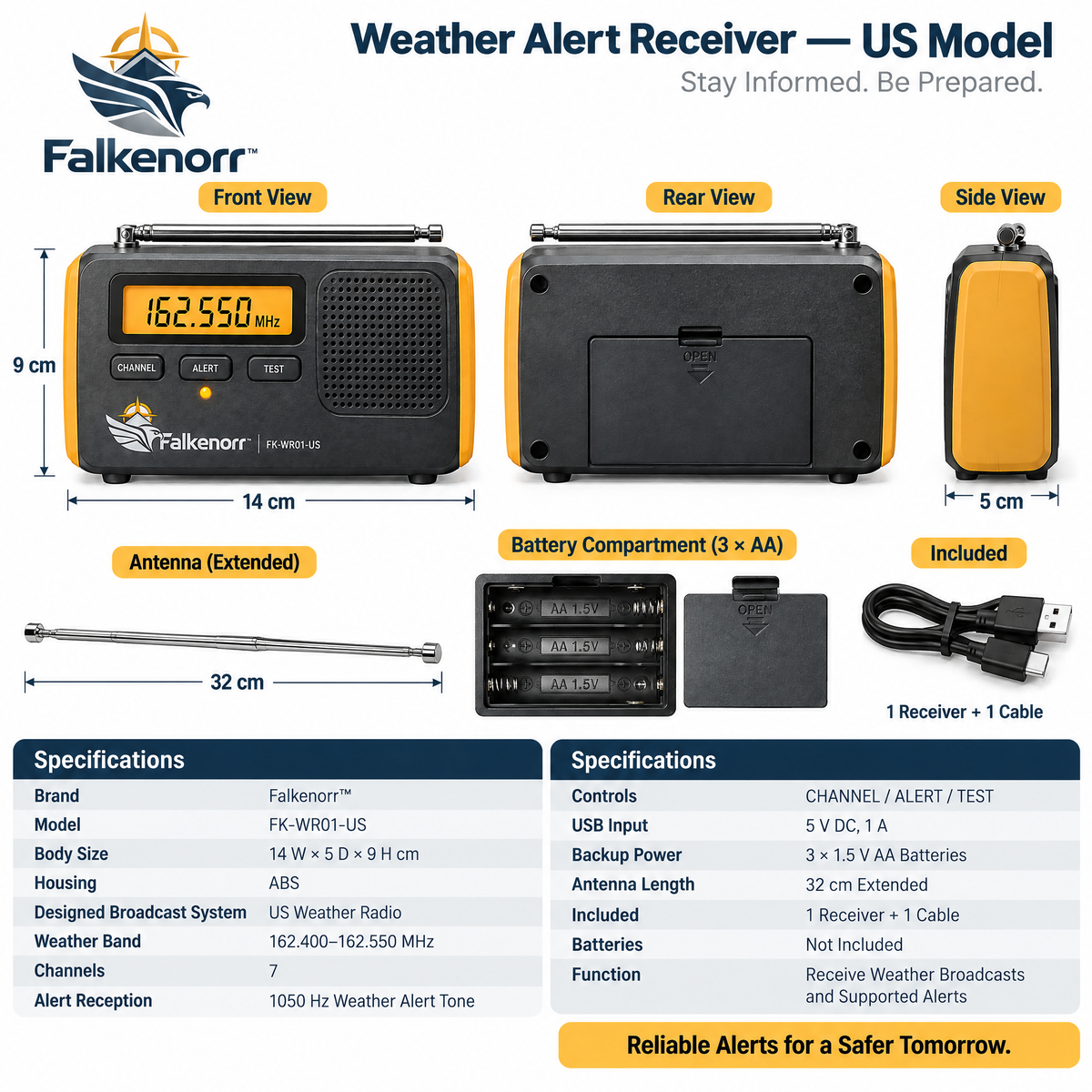 Falkenorr™ StormWatch Weather Alert Radio – Emergency Weather Receiver with Alert Mode, Digital Display & Backup Power