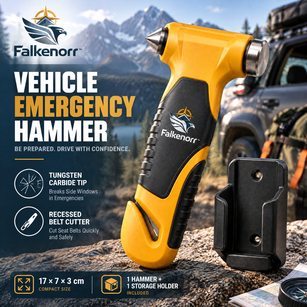 Falkenorr™ EscapeStrike Emergency Car Hammer – Compact Window Breaker & Seat Belt Cutter for Vehicle Emergency Preparedness