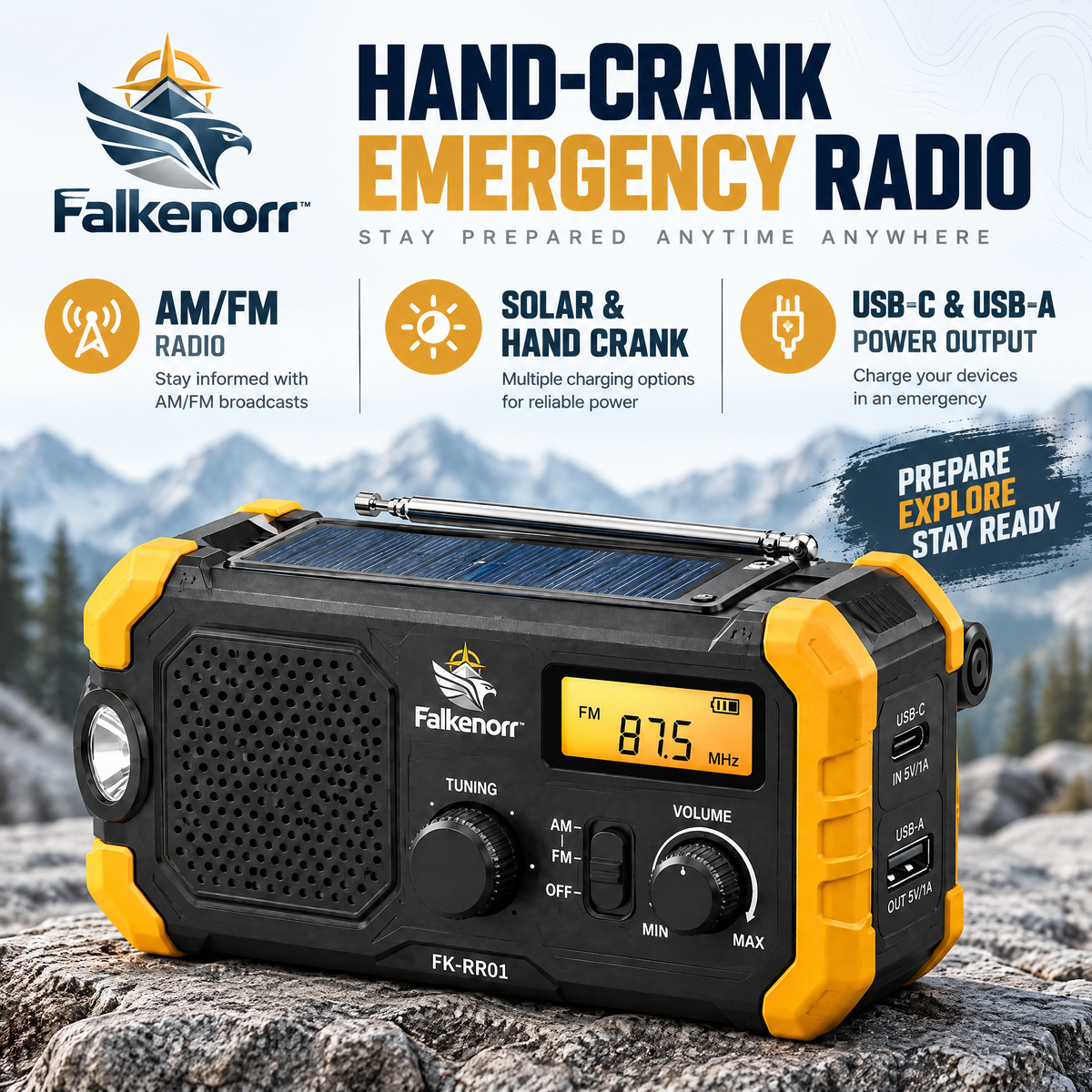 Falkenorr™ SignalCrank Emergency Radio – Hand-Crank Portable Radio with Flashlight, Backup Power & Weather Reception