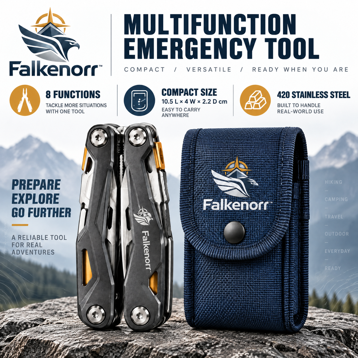 Falkenorr™ RescueCore Multi-Function Emergency Tool – Compact Preparedness Tool with Light, Cutter, Hammer & Utility Functions