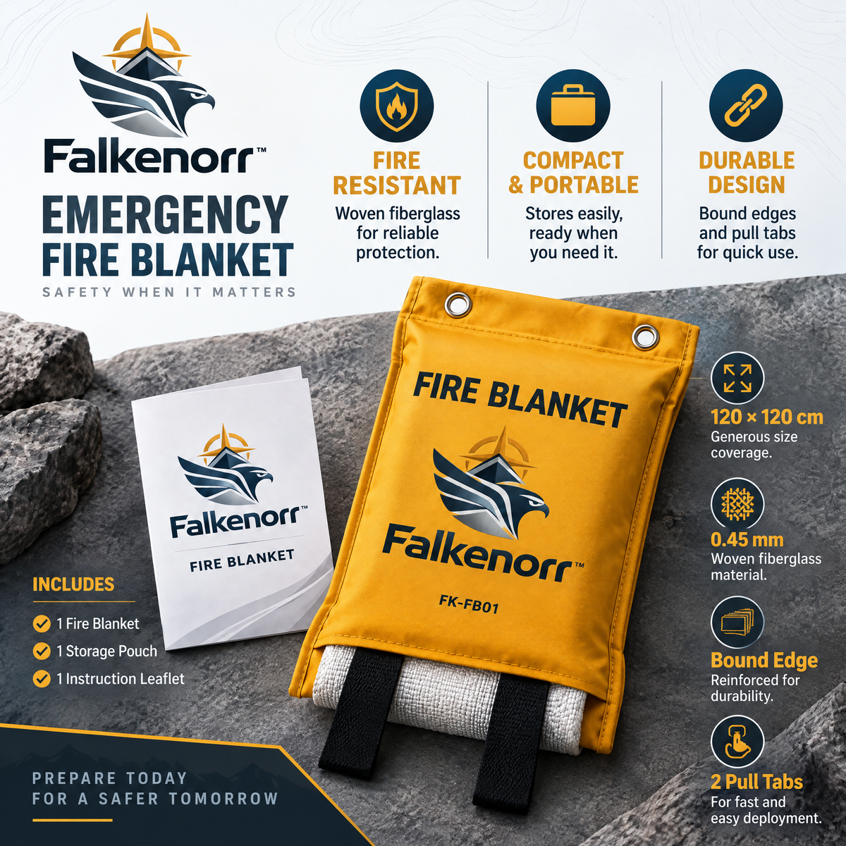 Falkenorr™ FlameShield Emergency Fire Blanket – Quick-Access Fire Suppression Blanket for Kitchen, Home, Garage & Emergency Preparedness