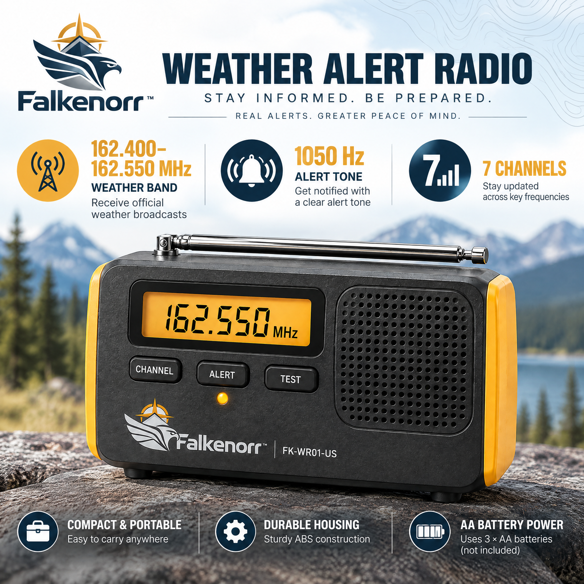 Falkenorr™ StormWatch Weather Alert Radio – Emergency Weather Receiver with Alert Mode, Digital Display & Backup Power