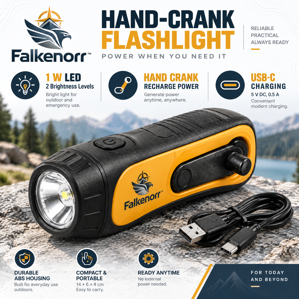 Falkenorr™ CrankBeam Emergency Flashlight – Hand-Powered LED Light for Power Outages, Camping, Car Kits & Emergency Preparedness