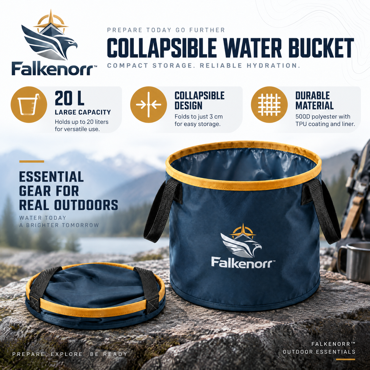 Falkenorr™ FoldFlow Collapsible Water Bucket – Portable Folding Water Container for Emergency Storage, Camping, Travel & Outdoor Use