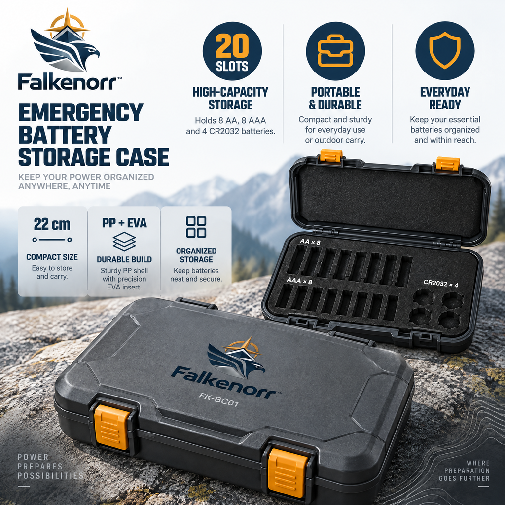 Falkenorr™ PowerReserve Emergency Battery Storage Box – Portable Battery Organizer Case for Home Backup, Travel & Emergency Kits