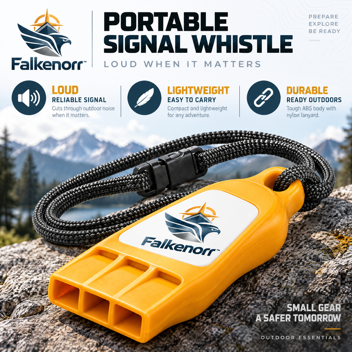 Falkenorr™ SignalReach Portable Emergency Whistle – Compact High-Visibility Safety Whistle for Hiking, Camping, Travel & Emergency Kits