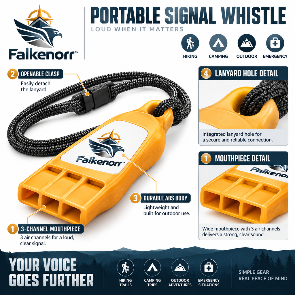 Falkenorr™ SignalReach Portable Emergency Whistle – Compact High-Visibility Safety Whistle for Hiking, Camping, Travel & Emergency Kits
