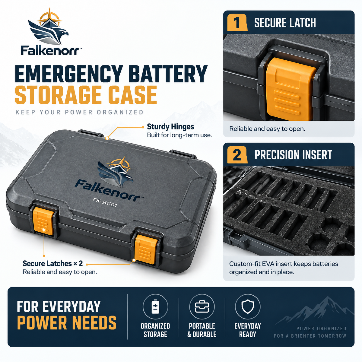 Falkenorr™ PowerReserve Emergency Battery Storage Box – Portable Battery Organizer Case for Home Backup, Travel & Emergency Kits