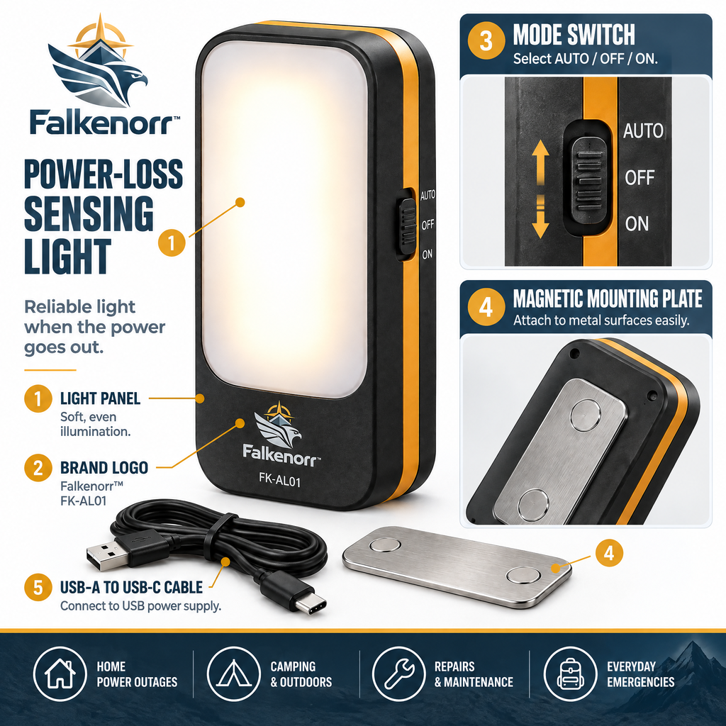 Falkenorr™ BlackoutSense Emergency Light – Automatic Power Failure Detection Lamp with Rechargeable Backup Battery
