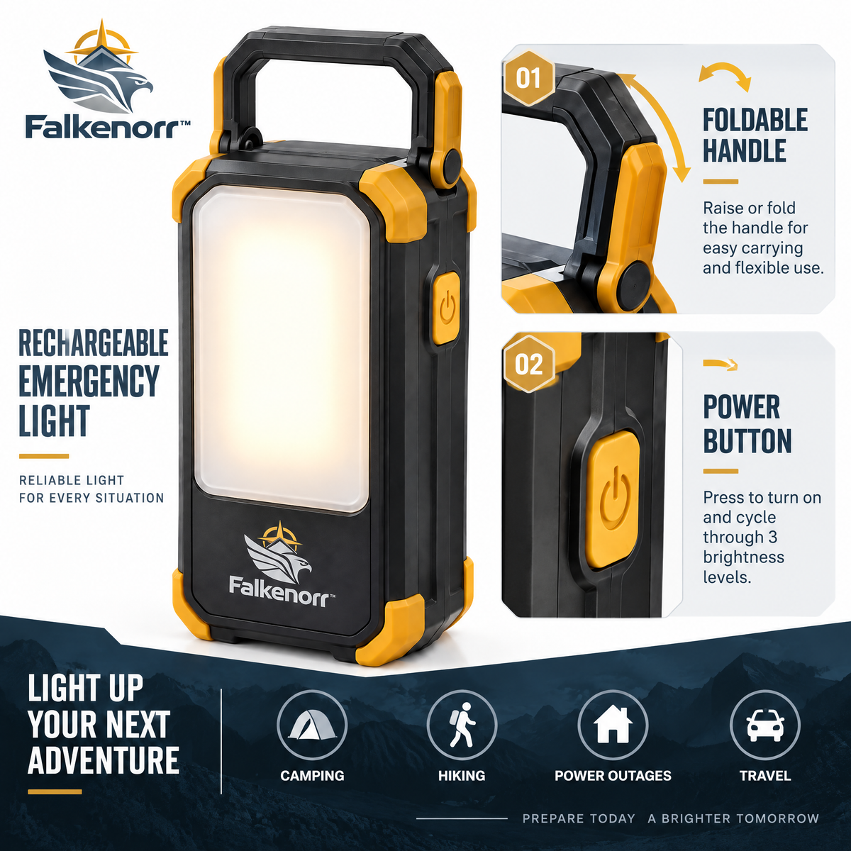 Falkenorr™ PowerBeacon Rechargeable Emergency Light – Portable LED Backup Lamp for Power Outages, Home, Garage & Travel
