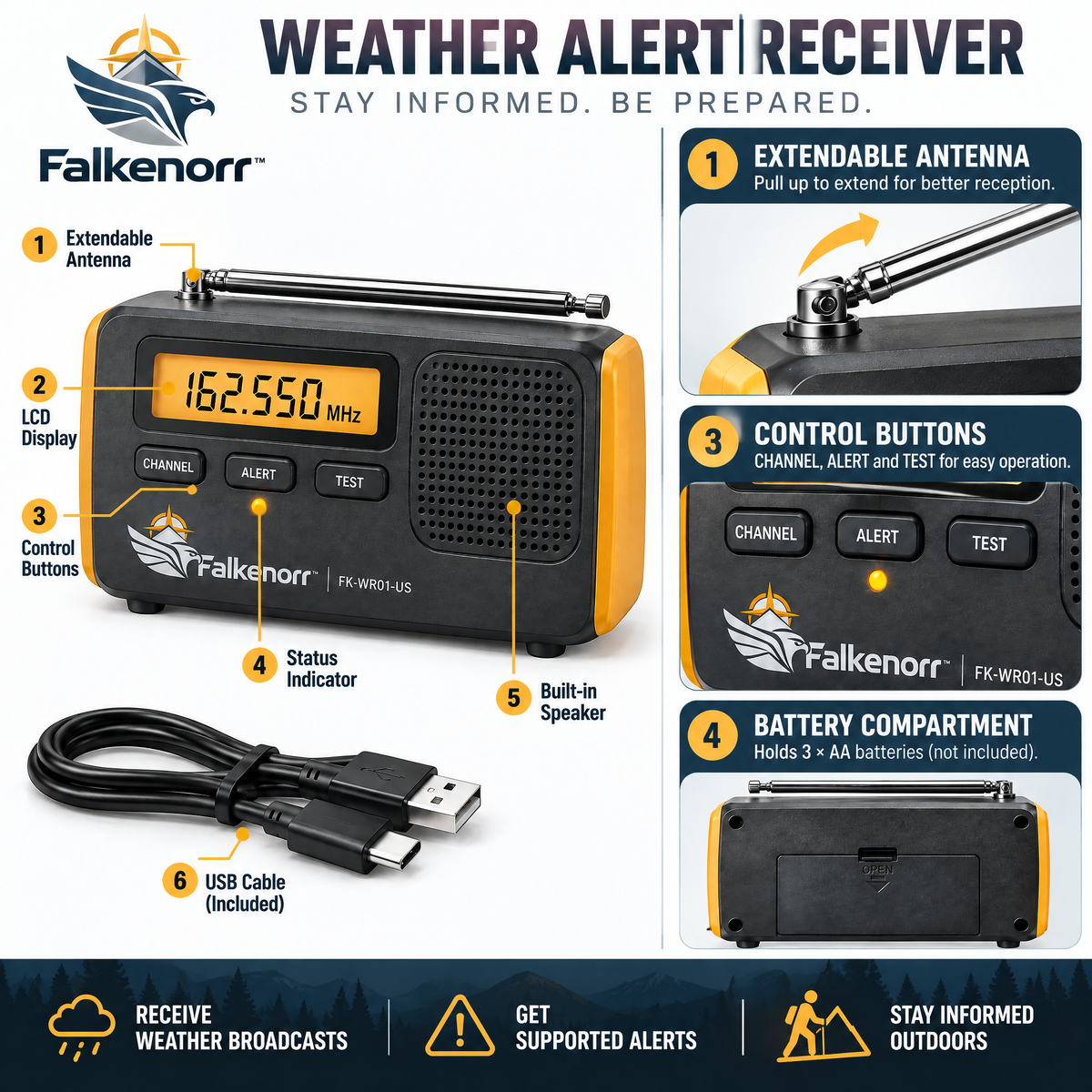 Falkenorr™ StormWatch Weather Alert Radio – Emergency Weather Receiver with Alert Mode, Digital Display & Backup Power