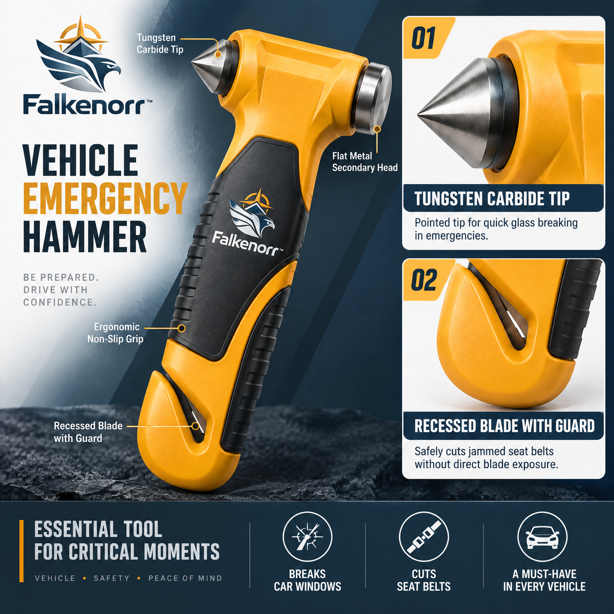 Falkenorr™ EscapeStrike Emergency Car Hammer – Compact Window Breaker & Seat Belt Cutter for Vehicle Emergency Preparedness
