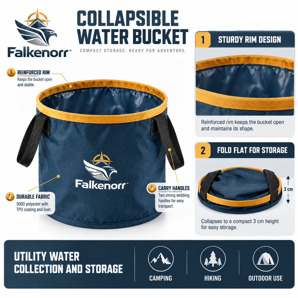 Falkenorr™ FoldFlow Collapsible Water Bucket – Portable Folding Water Container for Emergency Storage, Camping, Travel & Outdoor Use