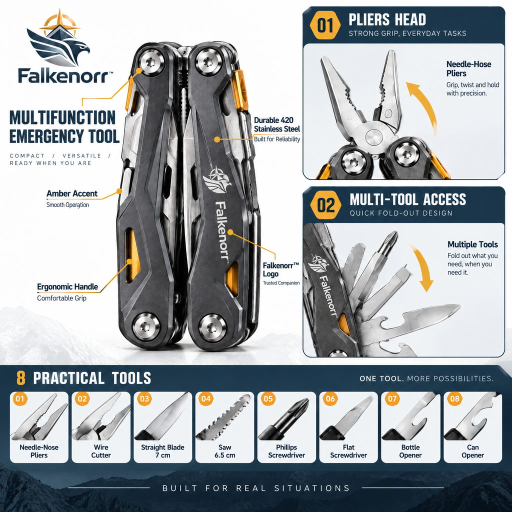 Falkenorr™ RescueCore Multi-Function Emergency Tool – Compact Preparedness Tool with Light, Cutter, Hammer & Utility Functions