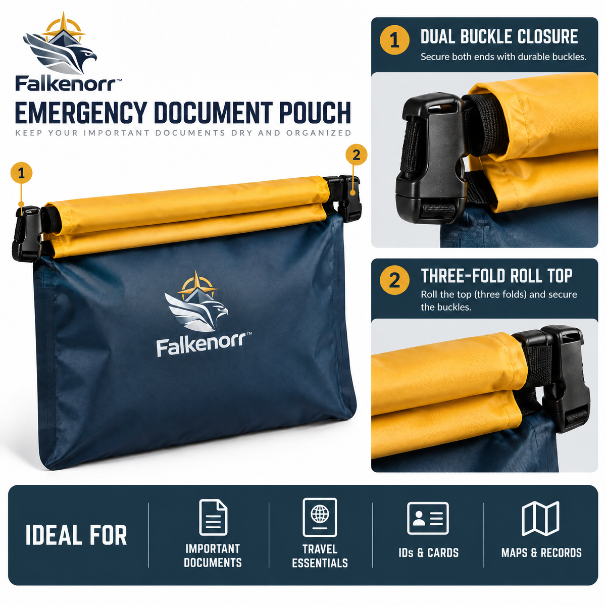 Falkenorr™ SafeSeal Waterproof Document Pouch – Protective Emergency File Bag for Important Papers, Travel & Home Preparedness