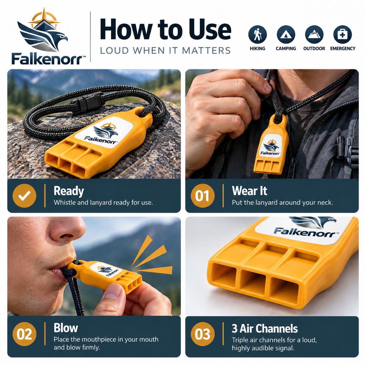 Falkenorr™ SignalReach Portable Emergency Whistle – Compact High-Visibility Safety Whistle for Hiking, Camping, Travel & Emergency Kits