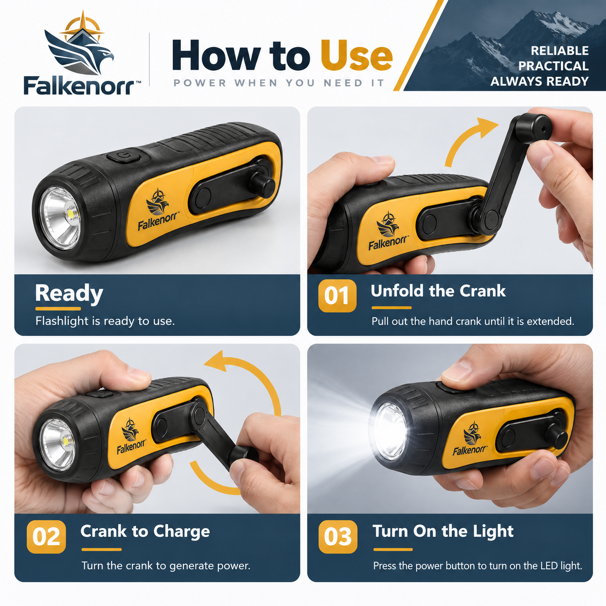 Falkenorr™ CrankBeam Emergency Flashlight – Hand-Powered LED Light for Power Outages, Camping, Car Kits & Emergency Preparedness
