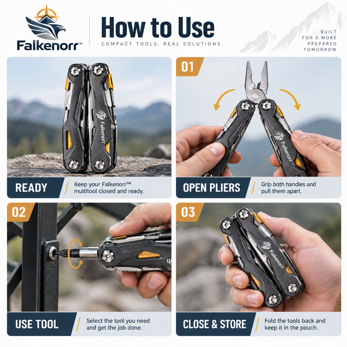 Falkenorr™ RescueCore Multi-Function Emergency Tool – Compact Preparedness Tool with Light, Cutter, Hammer & Utility Functions