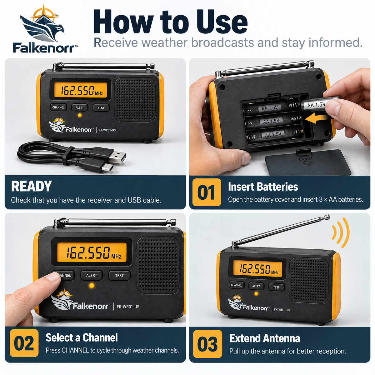 Falkenorr™ StormWatch Weather Alert Radio – Emergency Weather Receiver with Alert Mode, Digital Display & Backup Power