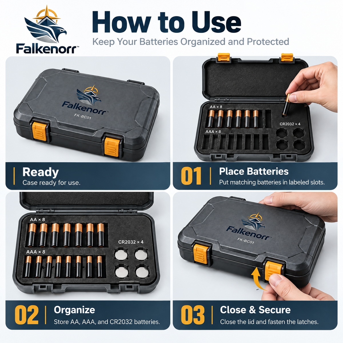 Falkenorr™ PowerReserve Emergency Battery Storage Box – Portable Battery Organizer Case for Home Backup, Travel & Emergency Kits