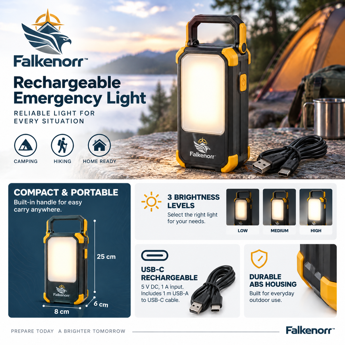 Falkenorr™ PowerBeacon Rechargeable Emergency Light – Portable LED Backup Lamp for Power Outages, Home, Garage & Travel