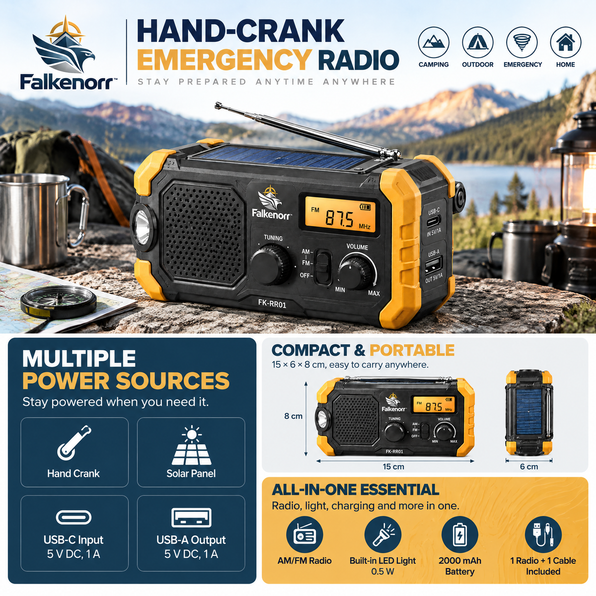Falkenorr™ SignalCrank Emergency Radio – Hand-Crank Portable Radio with Flashlight, Backup Power & Weather Reception