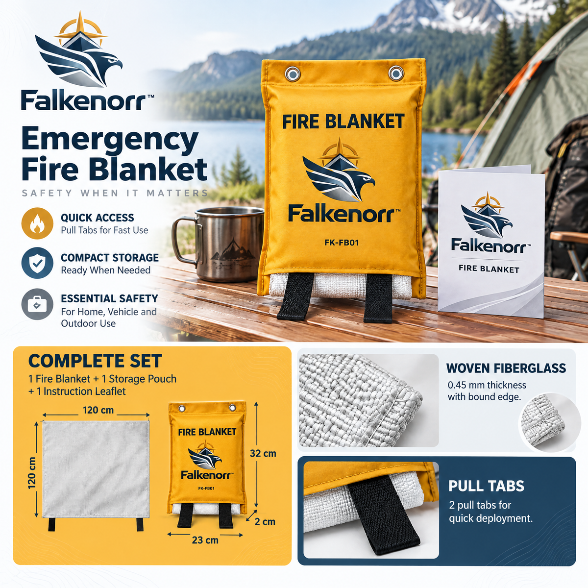Falkenorr™ FlameShield Emergency Fire Blanket – Quick-Access Fire Suppression Blanket for Kitchen, Home, Garage & Emergency Preparedness