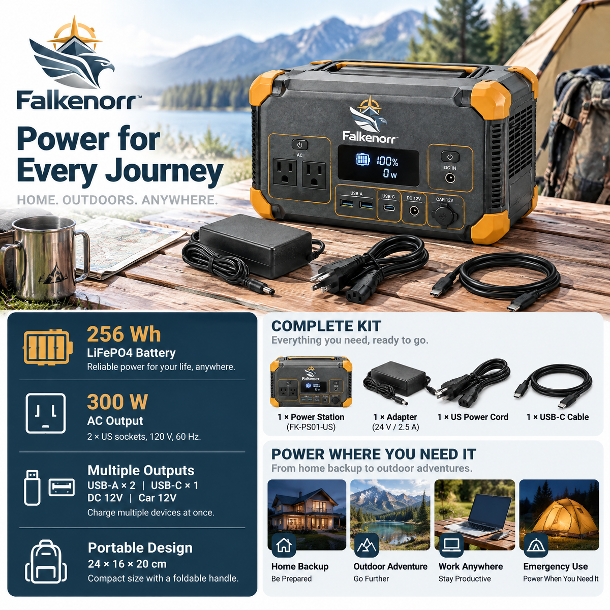 Falkenorr™ PowerHarbor Portable Power Station – Rechargeable Backup Battery for Camping, Home Outages, Travel & Emergency Use