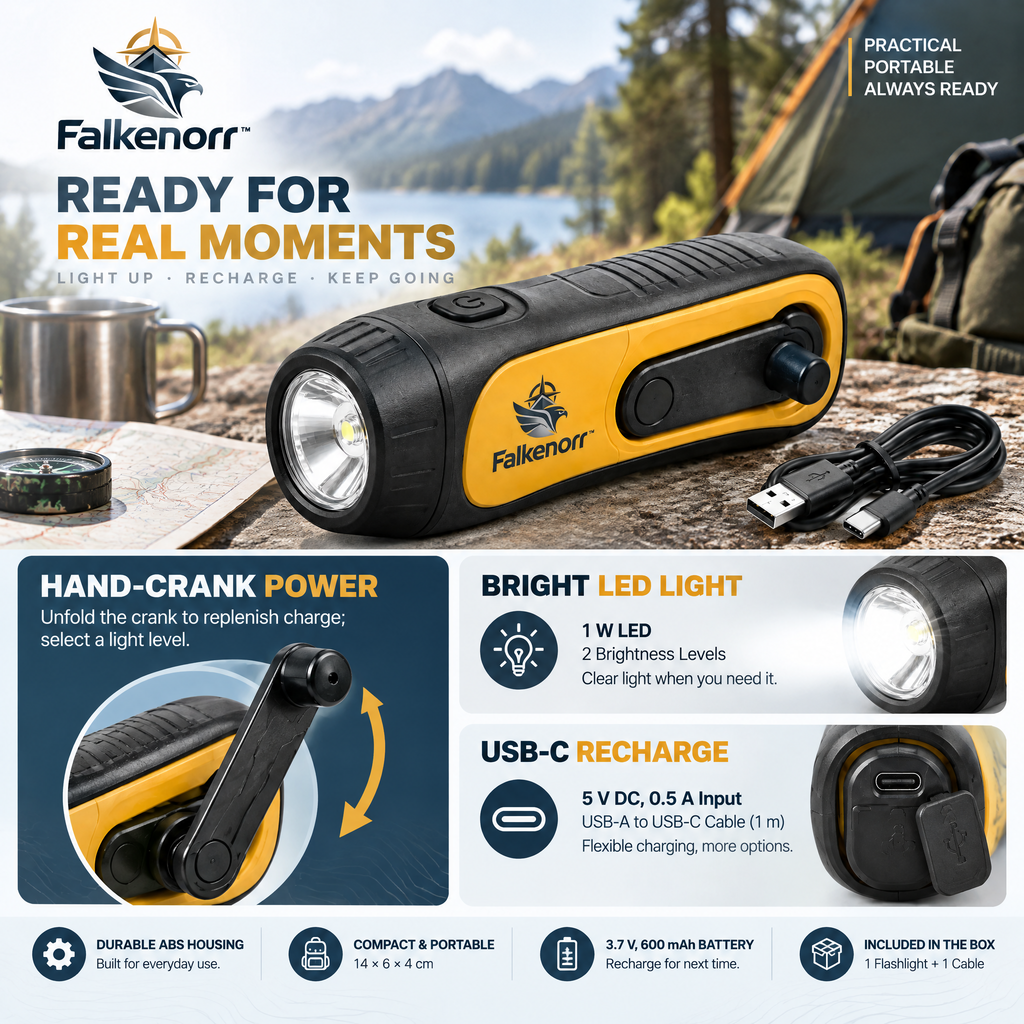 Falkenorr™ CrankBeam Emergency Flashlight – Hand-Powered LED Light for Power Outages, Camping, Car Kits & Emergency Preparedness