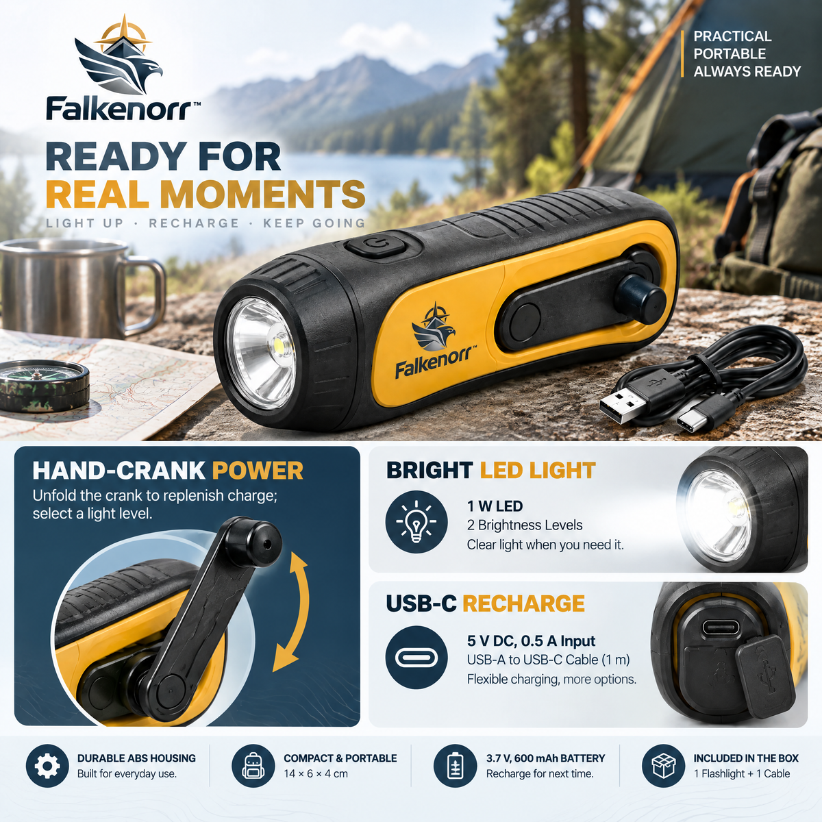 Falkenorr™ CrankBeam Emergency Flashlight – Hand-Powered LED Light for Power Outages, Camping, Car Kits & Emergency Preparedness