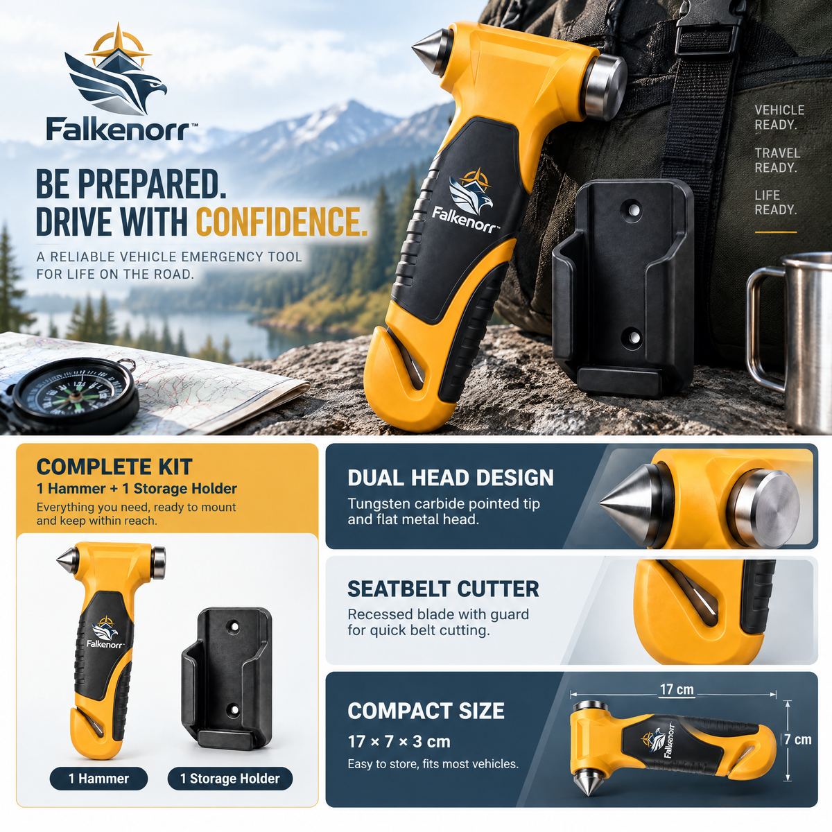 Falkenorr™ EscapeStrike Emergency Car Hammer – Compact Window Breaker & Seat Belt Cutter for Vehicle Emergency Preparedness