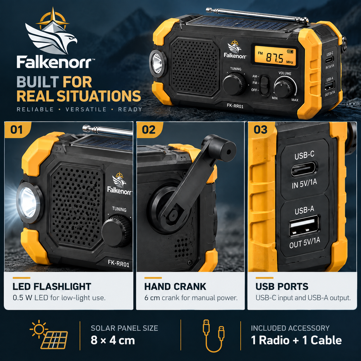 Falkenorr™ SignalCrank Emergency Radio – Hand-Crank Portable Radio with Flashlight, Backup Power & Weather Reception