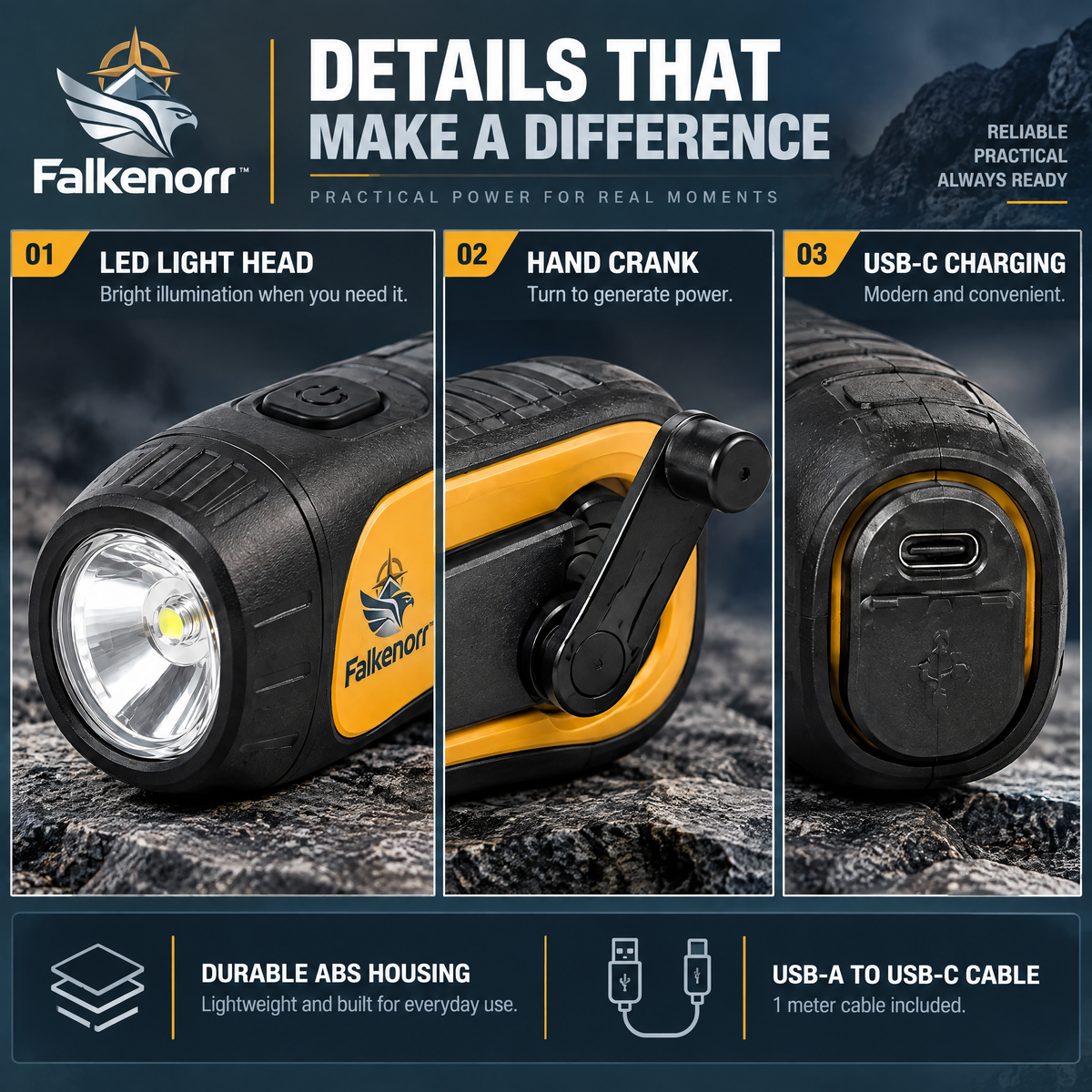 Falkenorr™ CrankBeam Emergency Flashlight – Hand-Powered LED Light for Power Outages, Camping, Car Kits & Emergency Preparedness